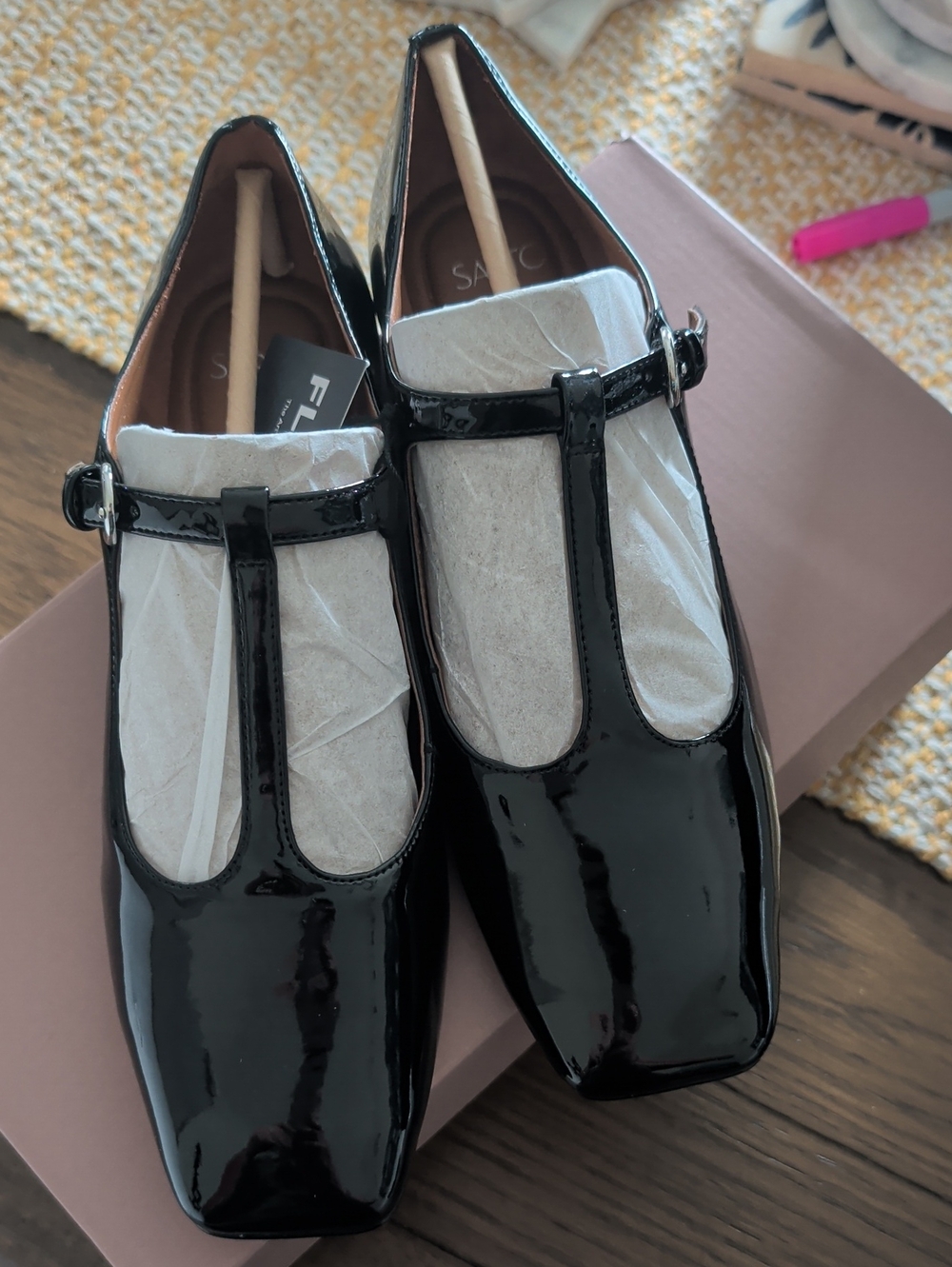 Sarto Black Patent Mary Jane Flat with Silver Buckle